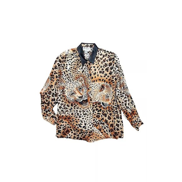 Bloomingdales Womens Silk Cheetah Print Button-Up Shirt Genuine Leather Collar - Picture 2 of 16